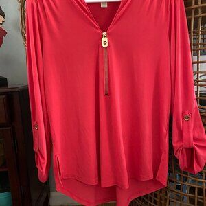 MICHAEL KORS Coral Zip Front‎ Roll Tab Soft Stretch Top Blouse – Size M